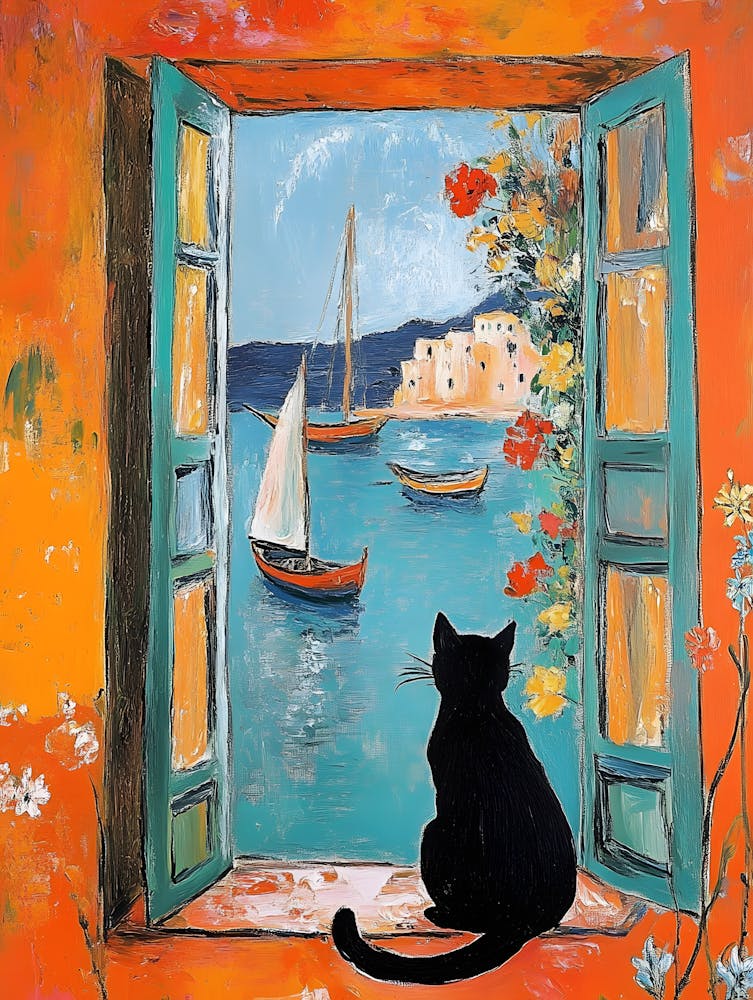 Oil Painting Black Cat Loves the Sea 4