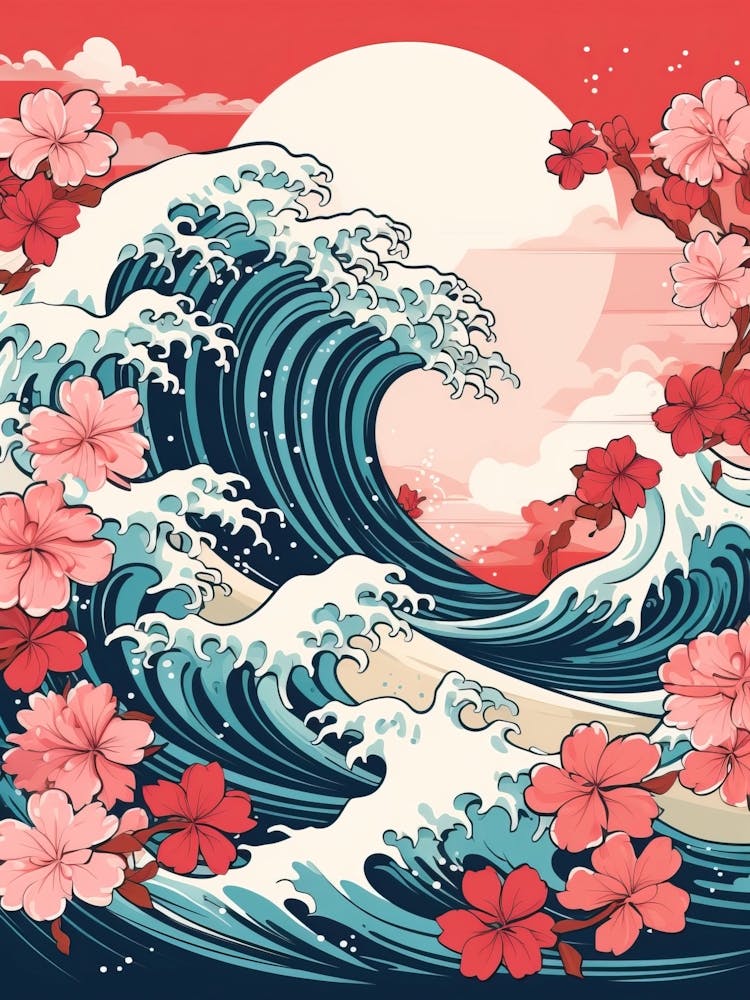 Great Wave With Carnation Flower Drawing In The Style Of Ukiyo E 2