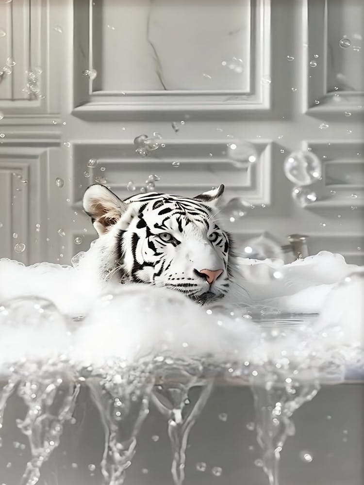 White Tiger In Bathtub Maximalist Decor Bathroom Decor Bathroom Wall Art Tiger Poster Funny Posters Bathroom Prints Cheetah Poster