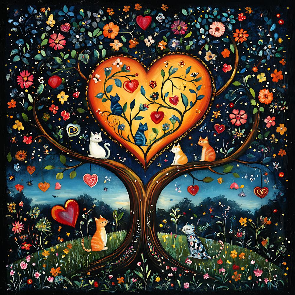 Folk Art Heart Tree Cat Climbing Artwork 2