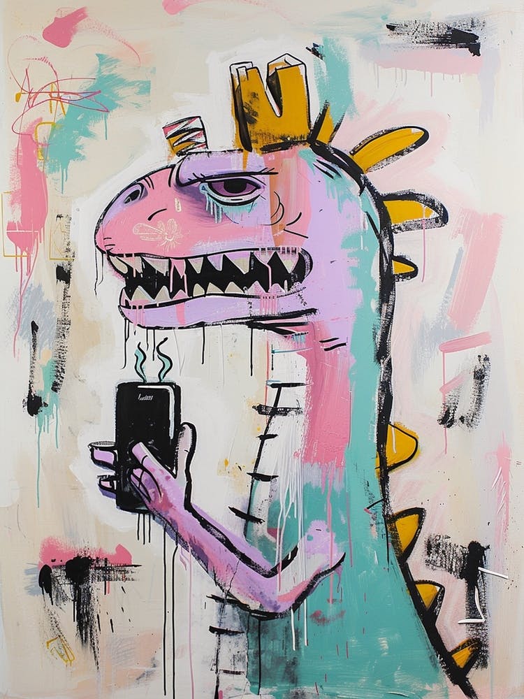 Dinosaurier auf einem Smartphone Pink Lila Graffiti-Stil 1