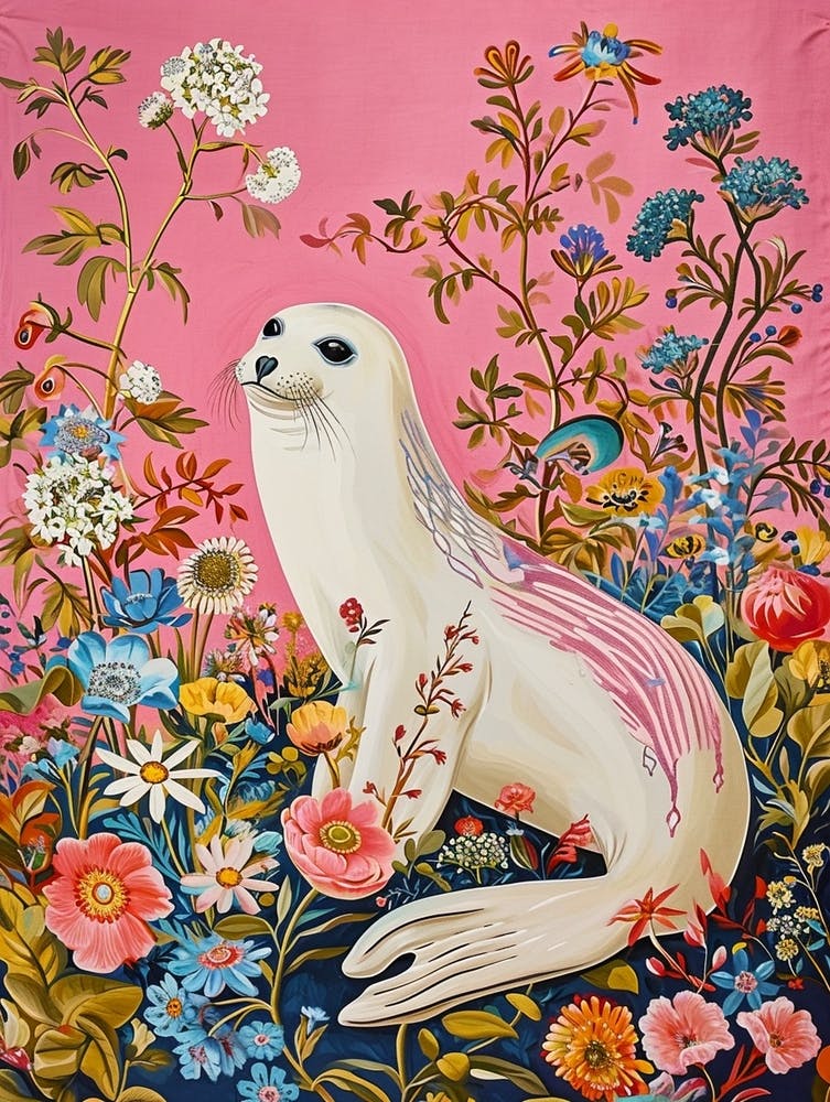 Floral Animal Painting Harp Seal 4