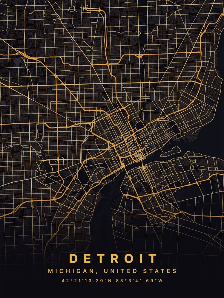 Detroit Michigan USA Black And Gold Map