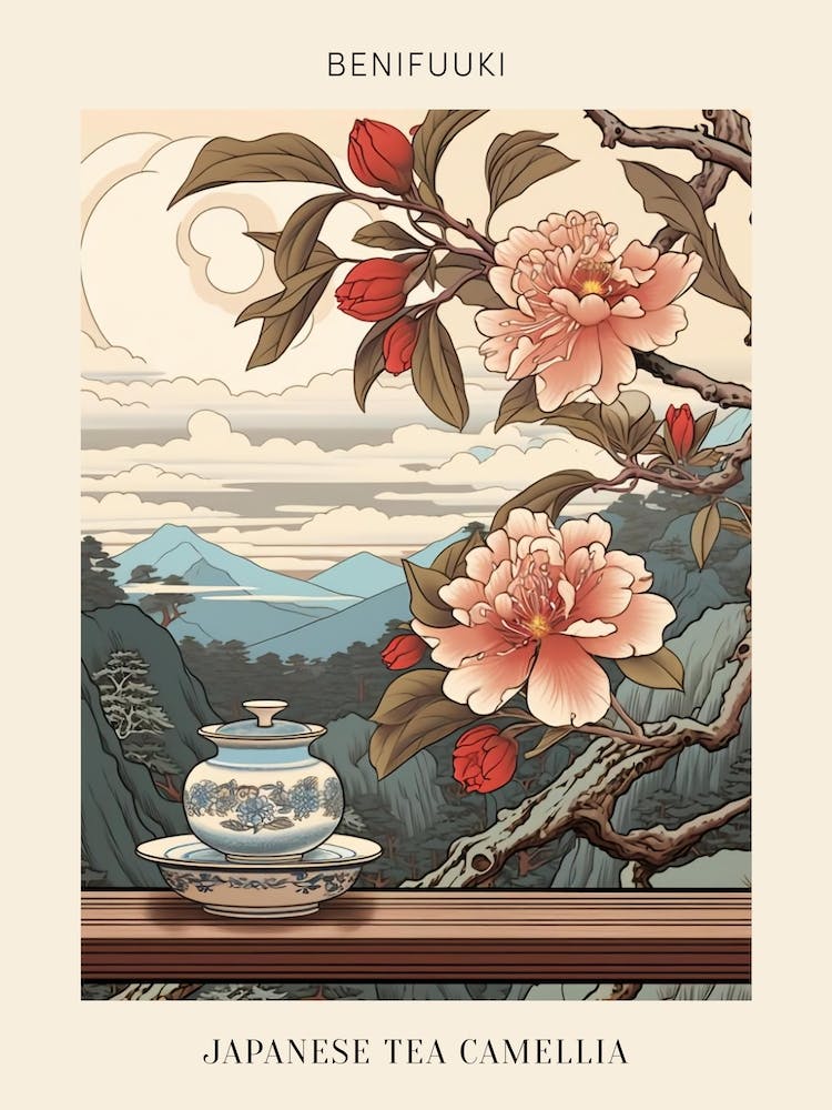 Benifuuki Japanese Tea Camellia Japanese Botanical Illustration Poster