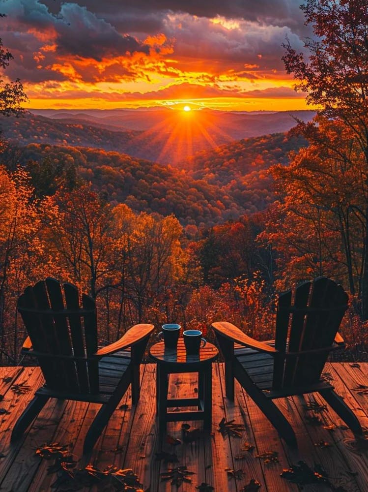 Autumn Sunset | Enjoying the View | Cosy Cabin Viewpoint Photography | Photographic Print Idyllic Landscape Scenery Over the Forest | National Park in HD