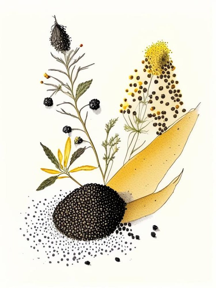 Schwarze Senfsamen Gewürze und Kräuter Bleistiftillustration 1