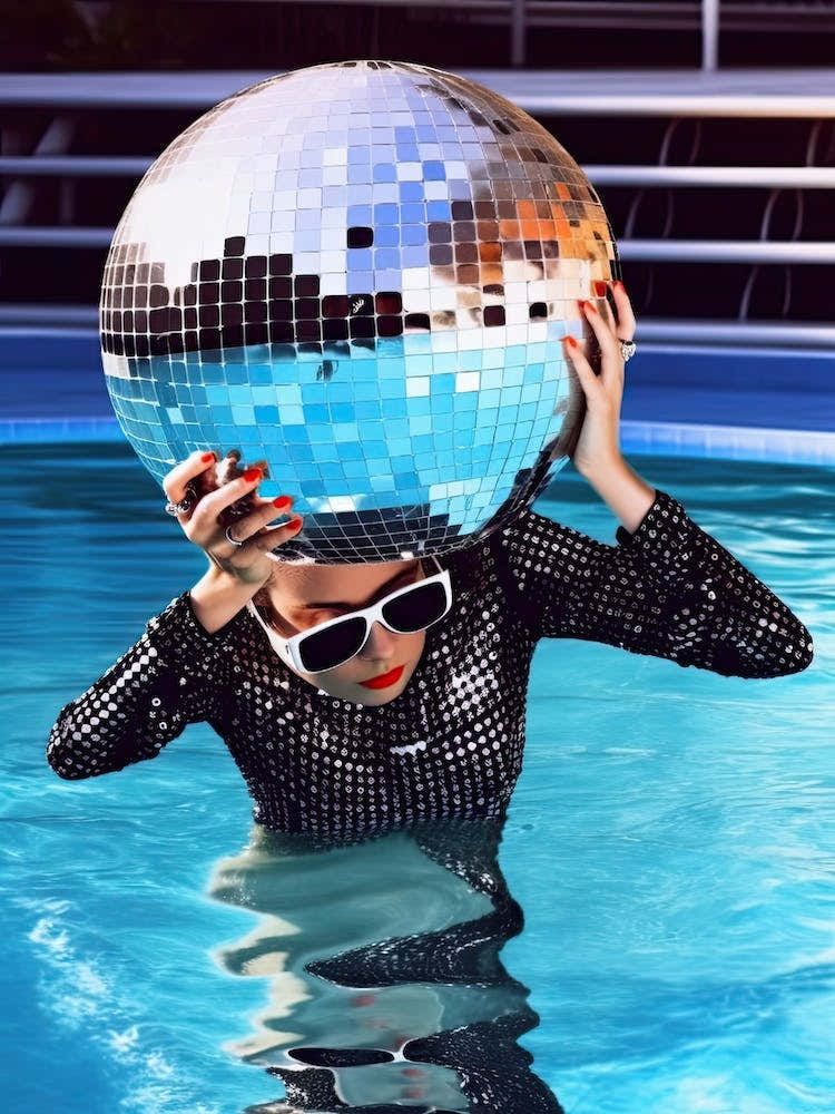 Woman Pool Disco Ball Fashion Photography 4