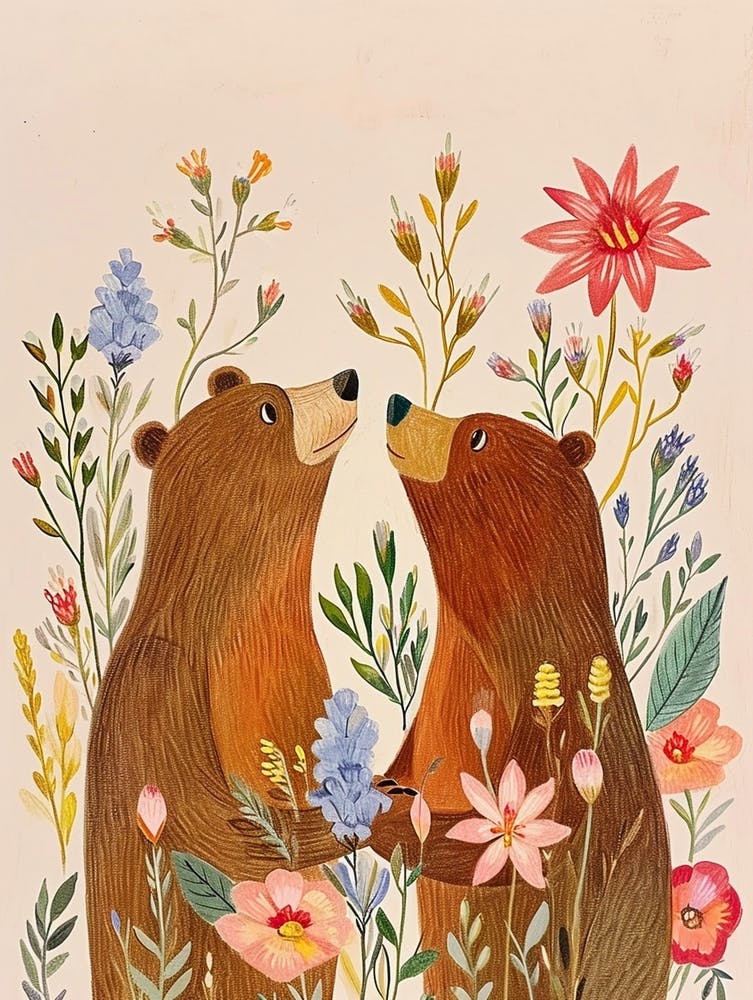 Folksy Floral Animal Drawing Bear 6