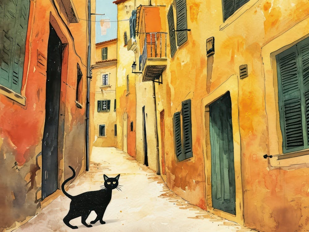 Palma De Mallorca, Spain   Cat In Street Art Watercolour Painting 2