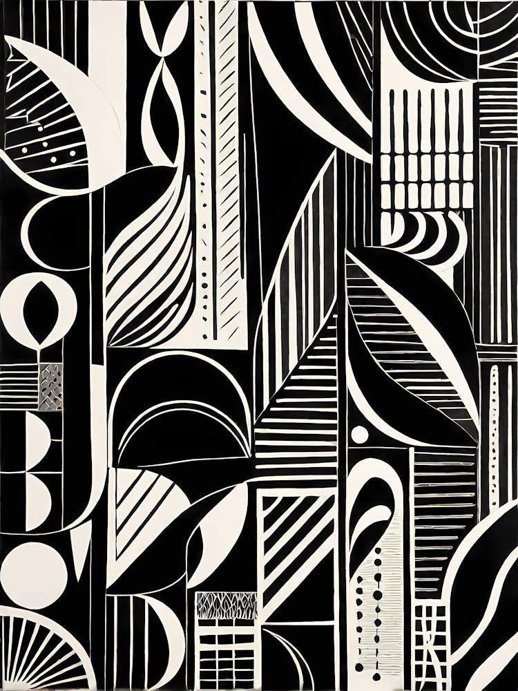 Mid Century Inspired Linocut Abstract Black And White art, 122