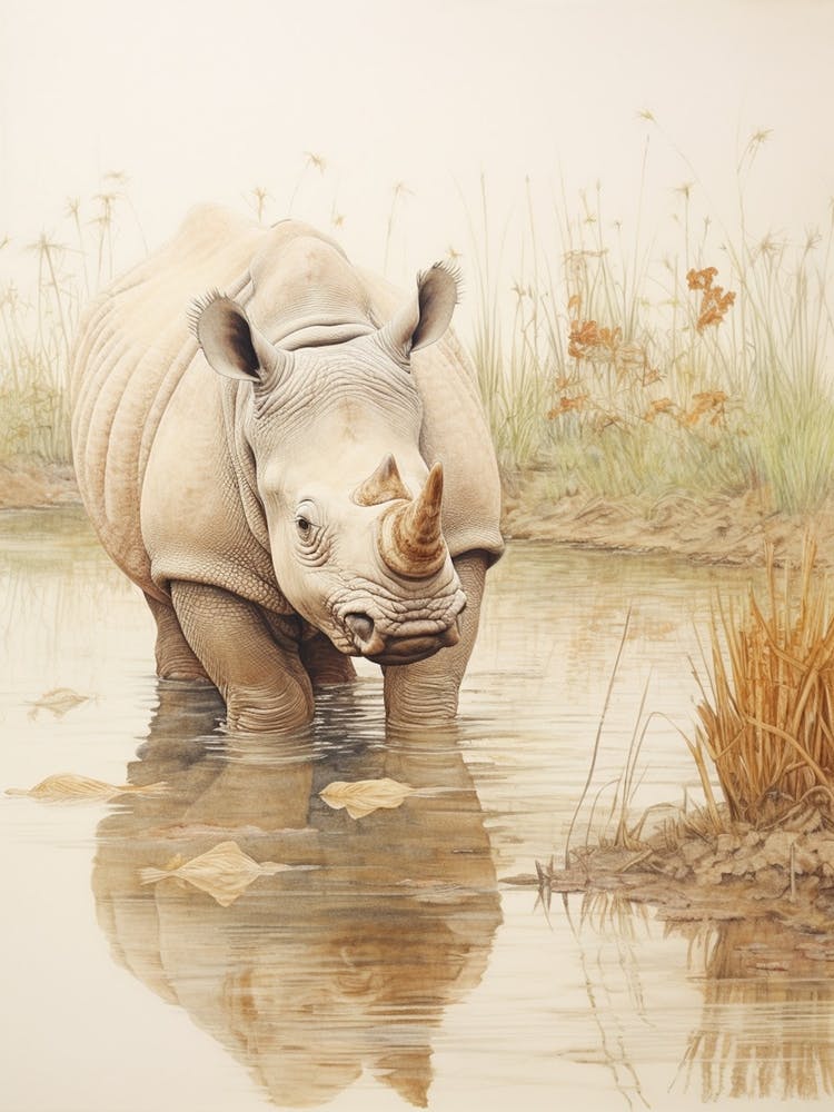Vintage Illustration Of A Rhino In The Lake  2