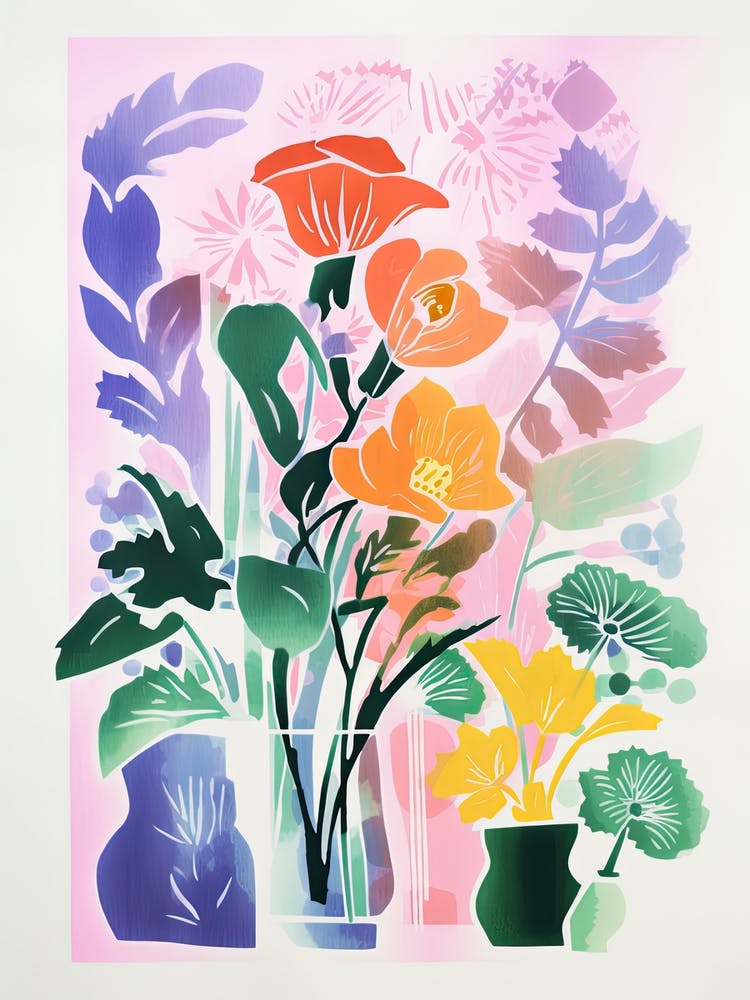 Colourful Flowers In A Vase In Risograph Style 6