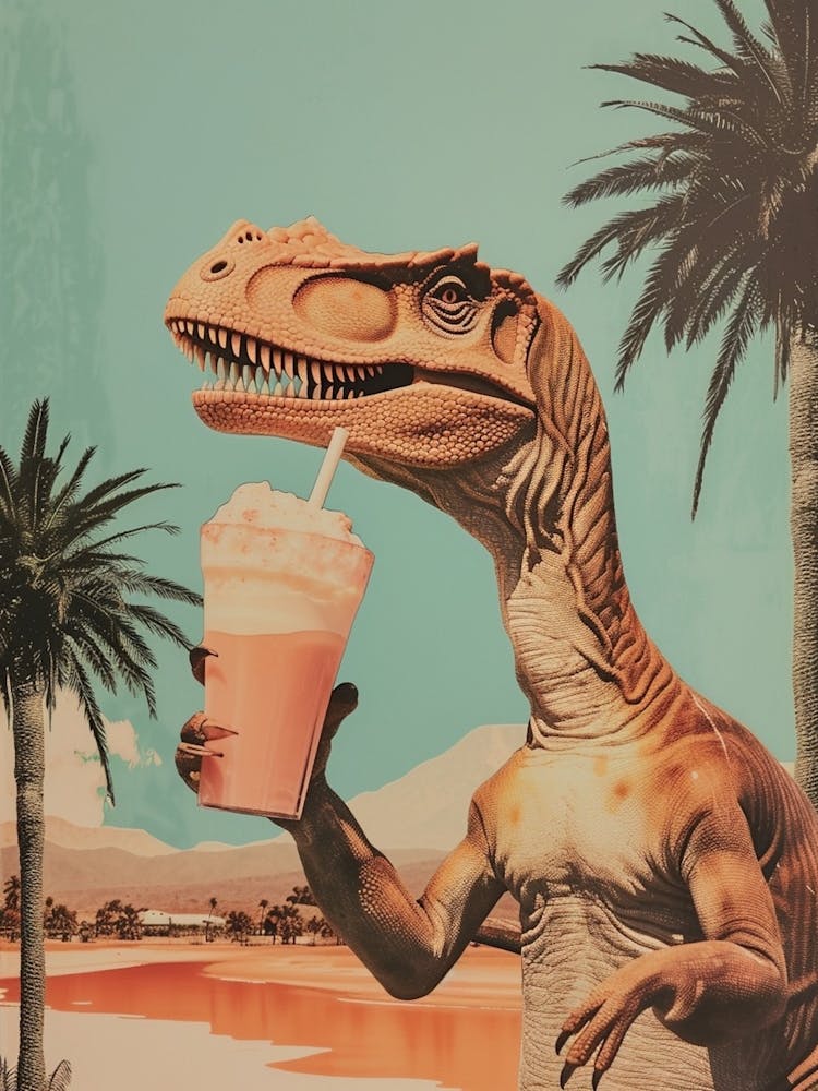 Dinosaur Drinking A Milkshake Retro Collage 2