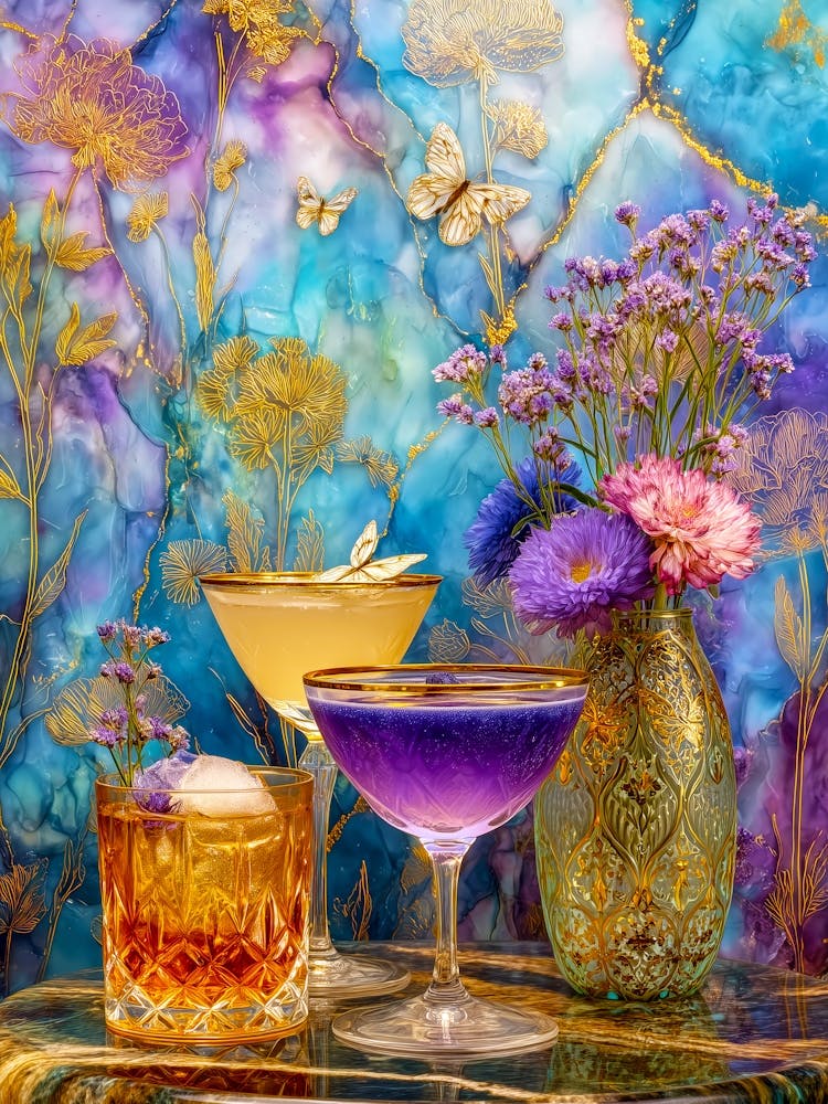 Three Cocktail Glasses On A Table