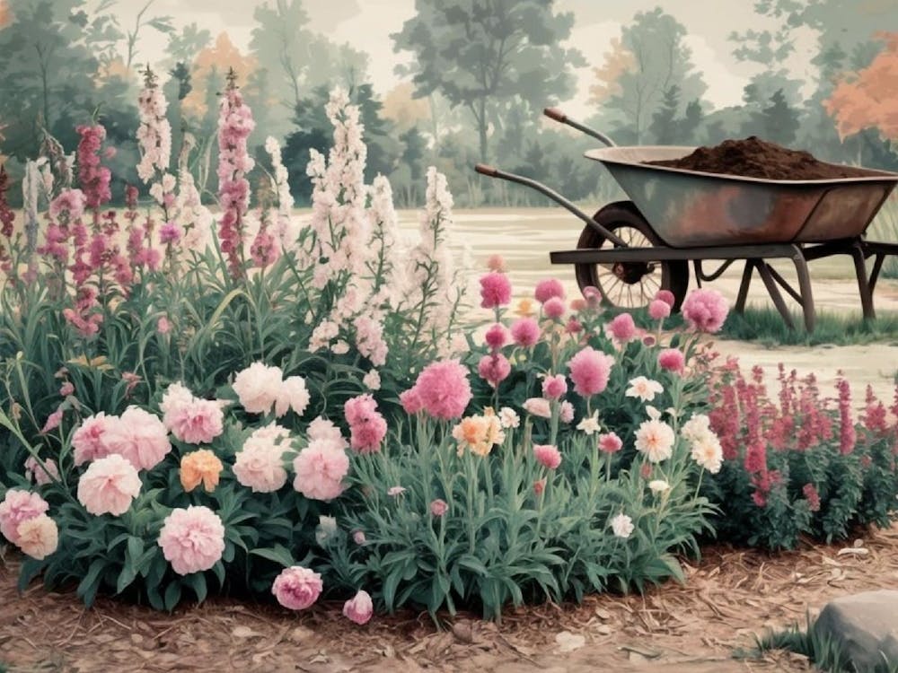 Lush Garden Painting: Wheelbarrow with Pink Peonies & Foxgloves