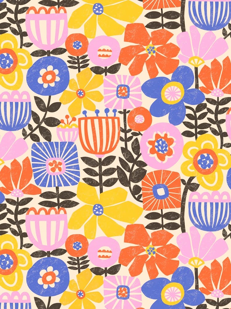 In den Garten - Papierblumen Collage Schwarz Pink Orange Gelb Blau Weiß
