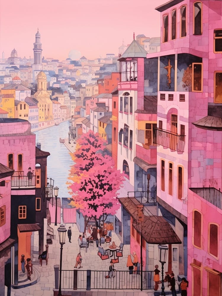 Istanbul Turkey 2 Vintage Pink Travel Illustration