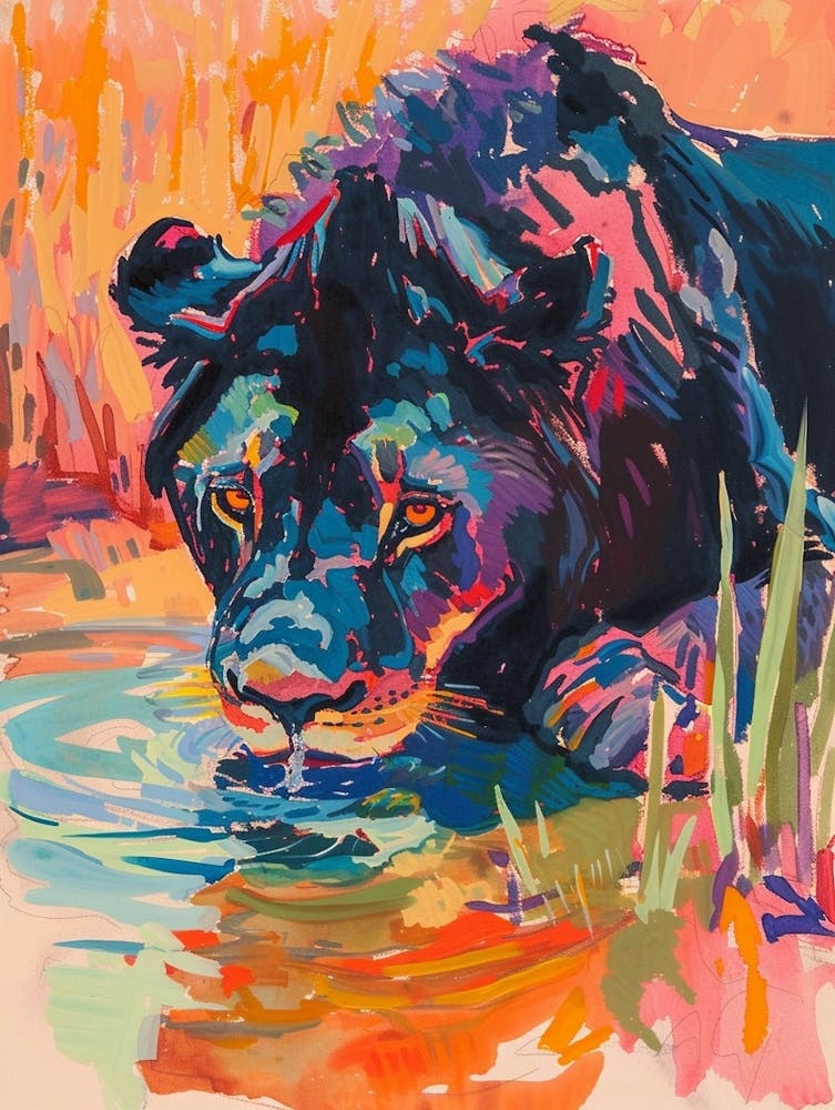 Black Lion Drinking From A Watering Hole Fauvist Painting 3