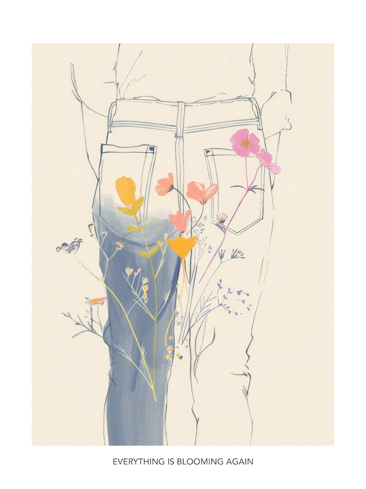Everything Is Blooming Again Poster Floral Blue Jeans Line Art 7