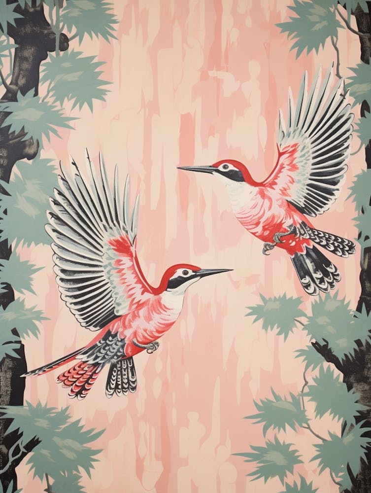 Vintage Japanese Inspired Bird Print Woodpecker 3