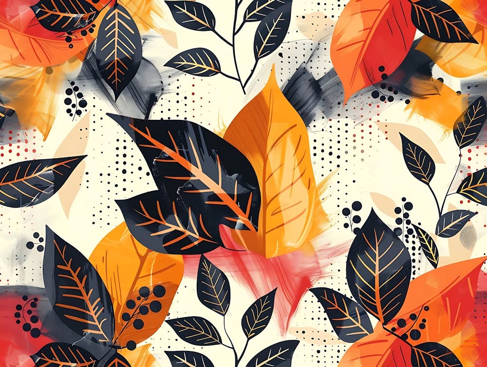 Abstract Autumn Leaves Pattern With Orange Red And Black Leaves On A Cream Background