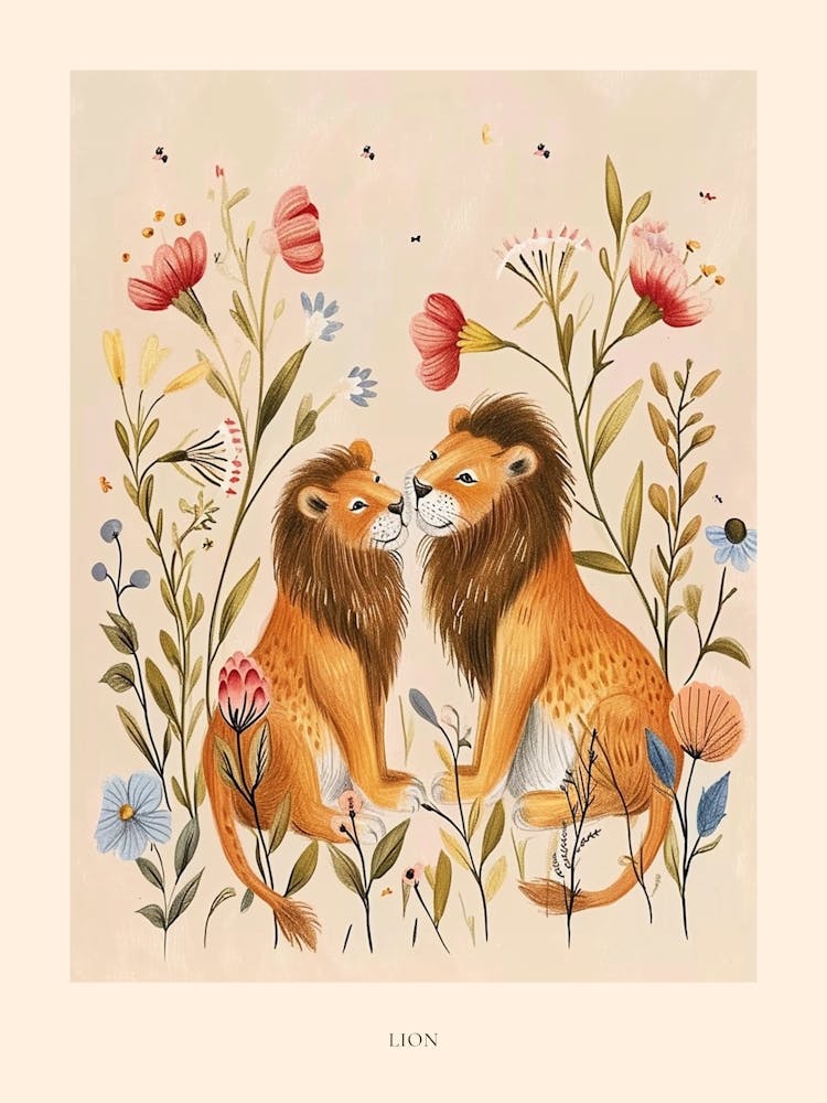 Folksy Floral Animal Drawing Lion 3 Poster