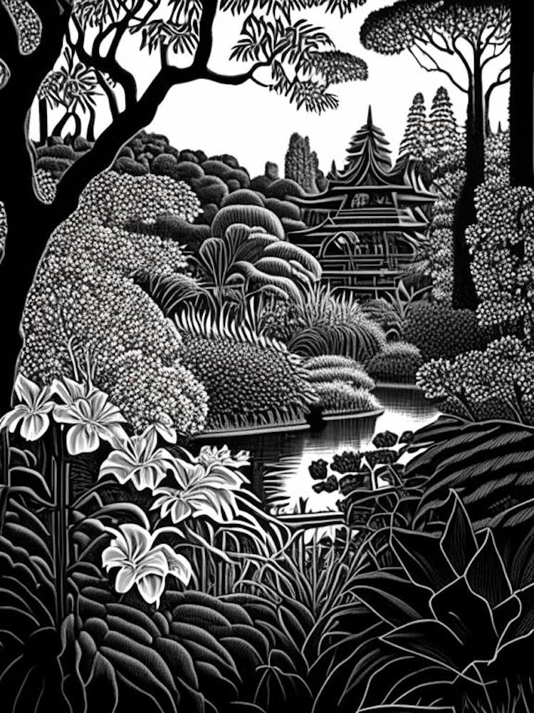 Chicago Botanic Garden, Usa Linocut Black And White Vintage
