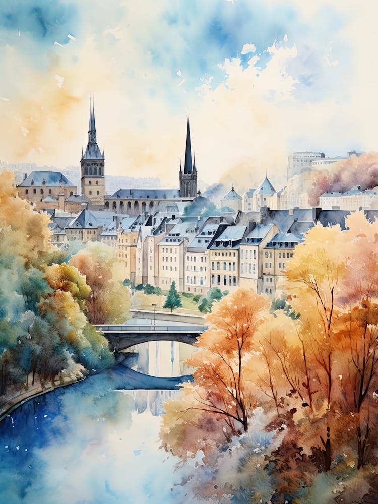 Luxembourg City Luxembourg In Autumn Fall, Watercolour 4