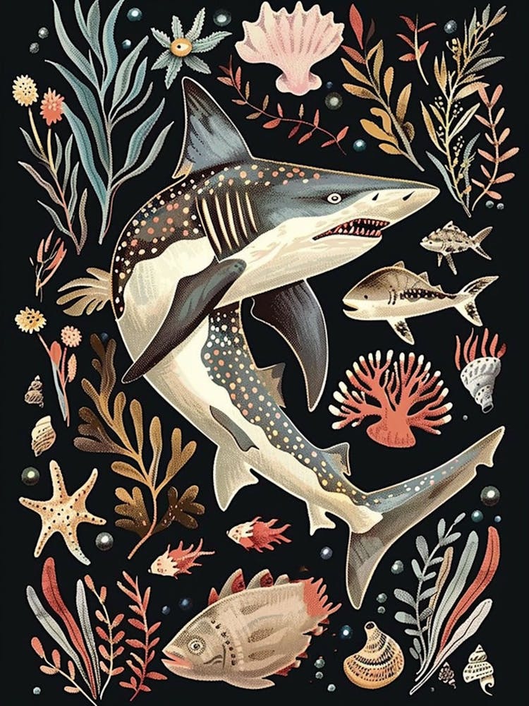 Lemon Shark Seascape Black Background Illustration 3