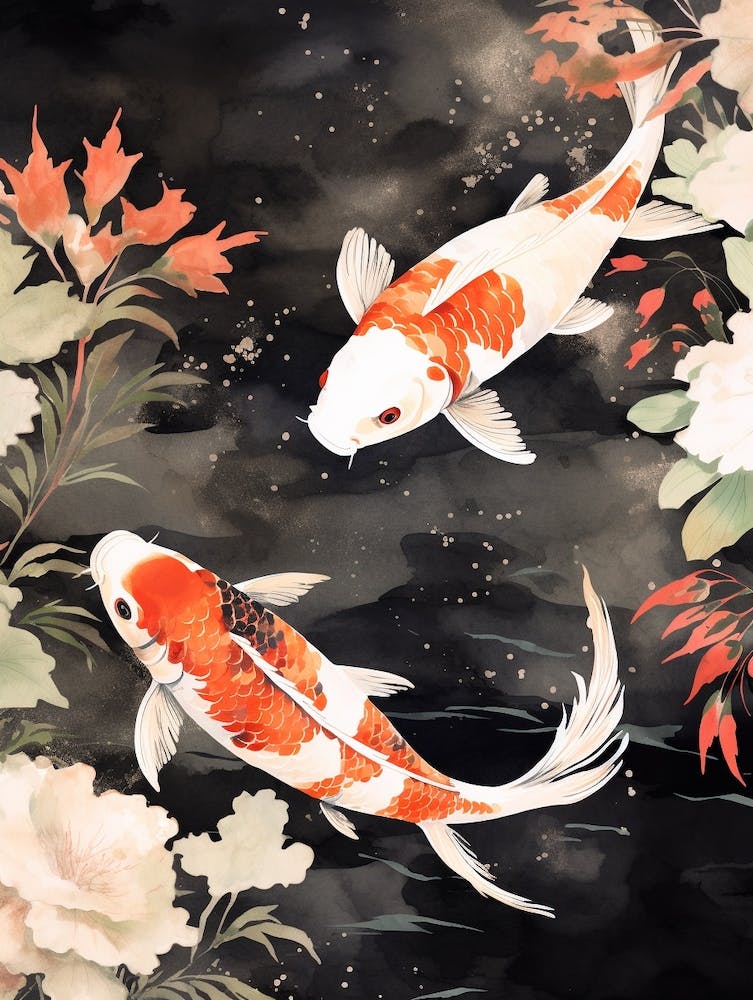 Orange Koi-Fisch Aquarell mit Botanicals 4