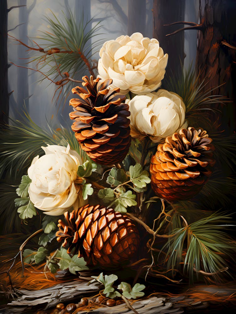 Rustic Pinecone & Peony Still Life Nature Inspired Botanical Wall