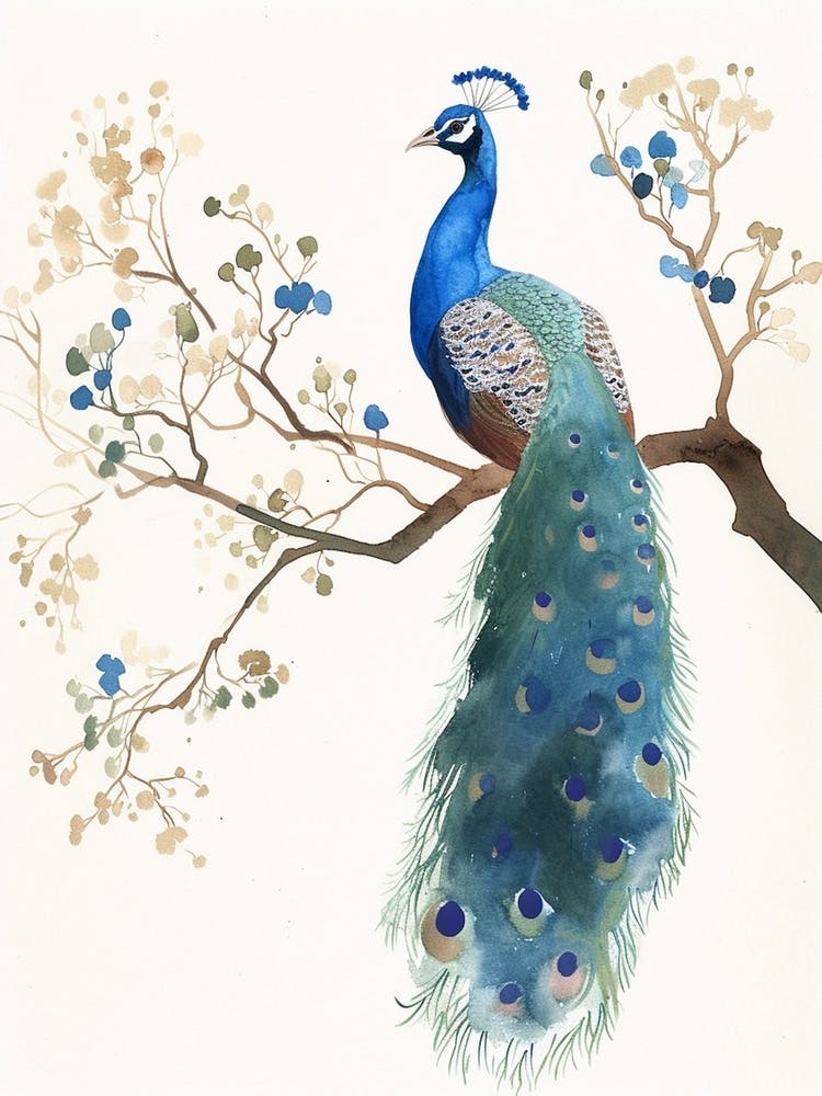 Peacock On A Tree Branch Watercolour 2