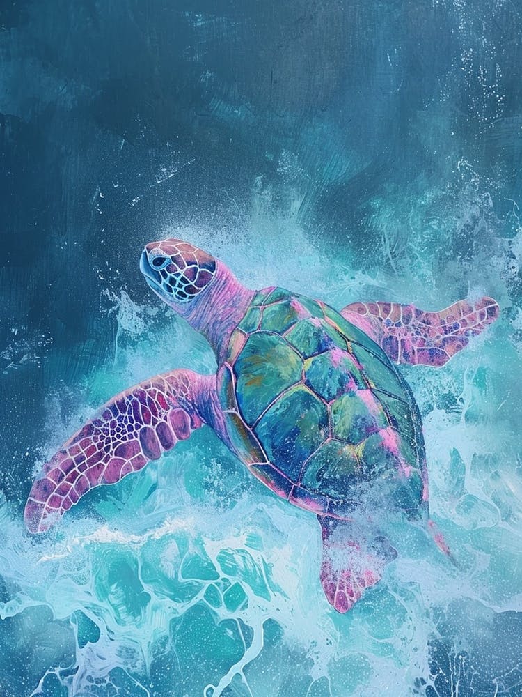 Pink Sea Turtle Splashing In The Waves