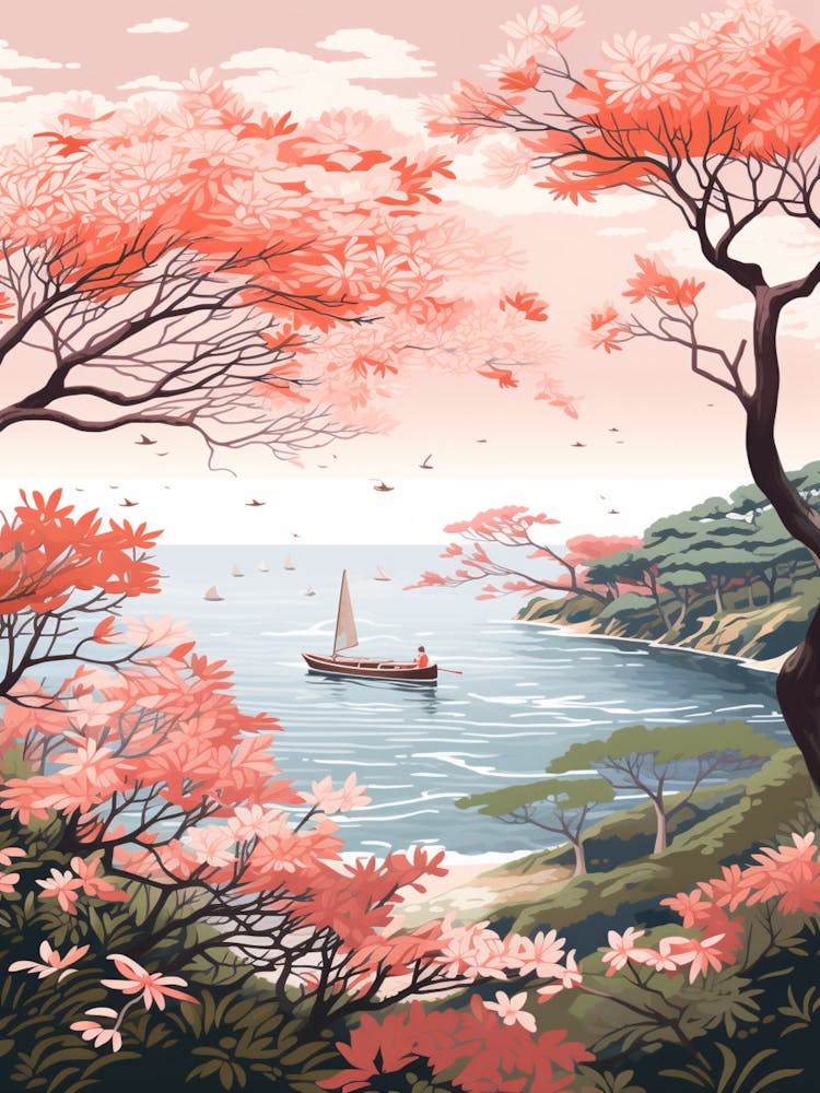 An Illustration In Pink Tones Of A Boat And Trees Overlooking The Ocean 2