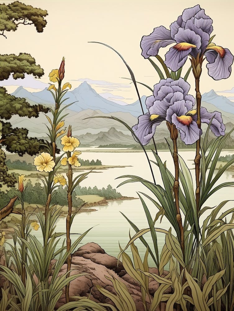 Hanashobu Japanese Water Iris Japanese Botanical Illustration