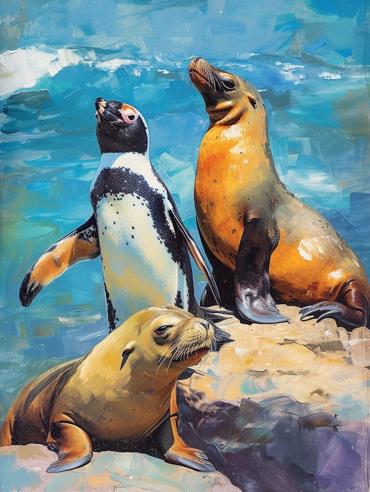 Galapagos Penguin Sea Lion Island Colour Block Painting 7