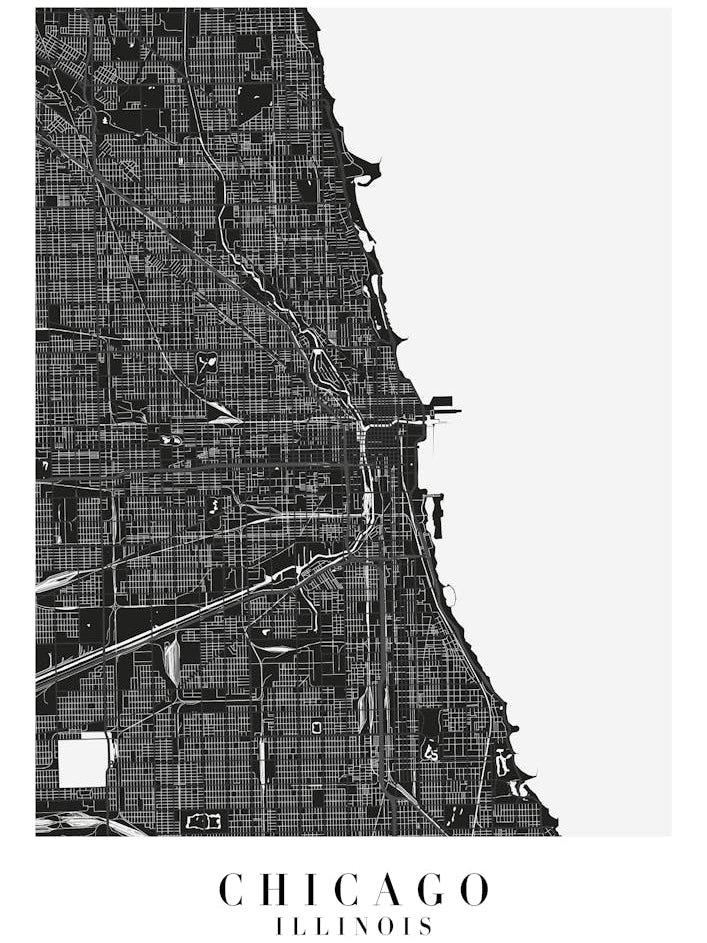 Chicago Illinois Minimal Black Mono Street Map 