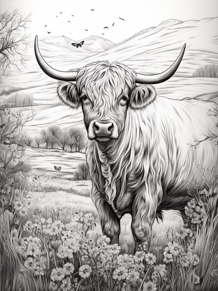 Black & White Illustration Of Highland Cow With Daisies
