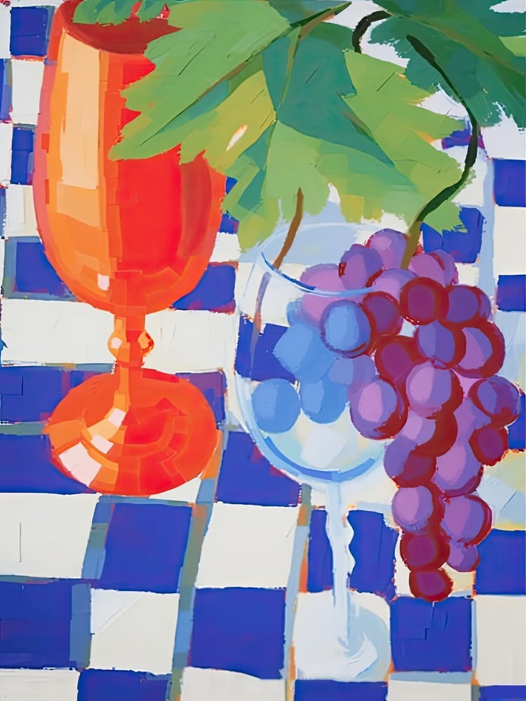 Grapes On Checkered Table, Colourful Tones, Frenchch Riviera In Matisse Style 2