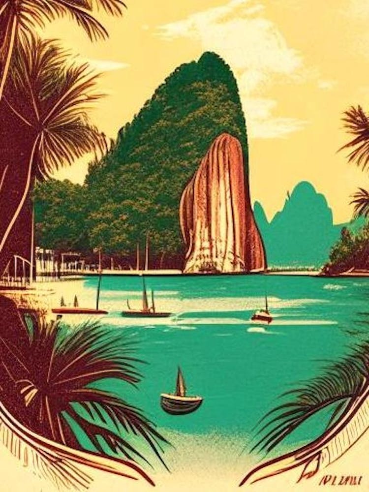 Phi Phi Islands Thailand Vintage Sketch Tropical Destination