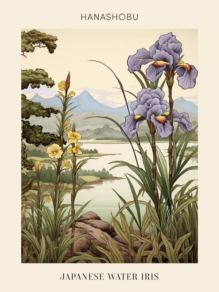 Hanashobu Japanese Water Iris Japanese Botanical Illustration Poster