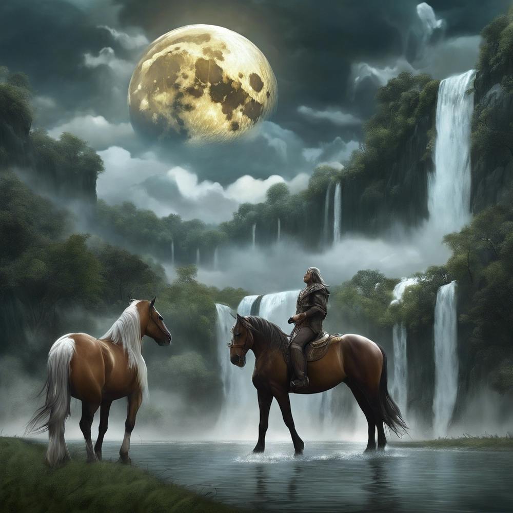 Two Horses By A Waterfall