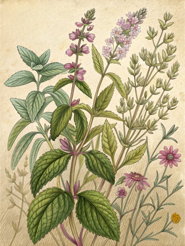 Oil Painting Style Antique Sketch Of Herbal Plants