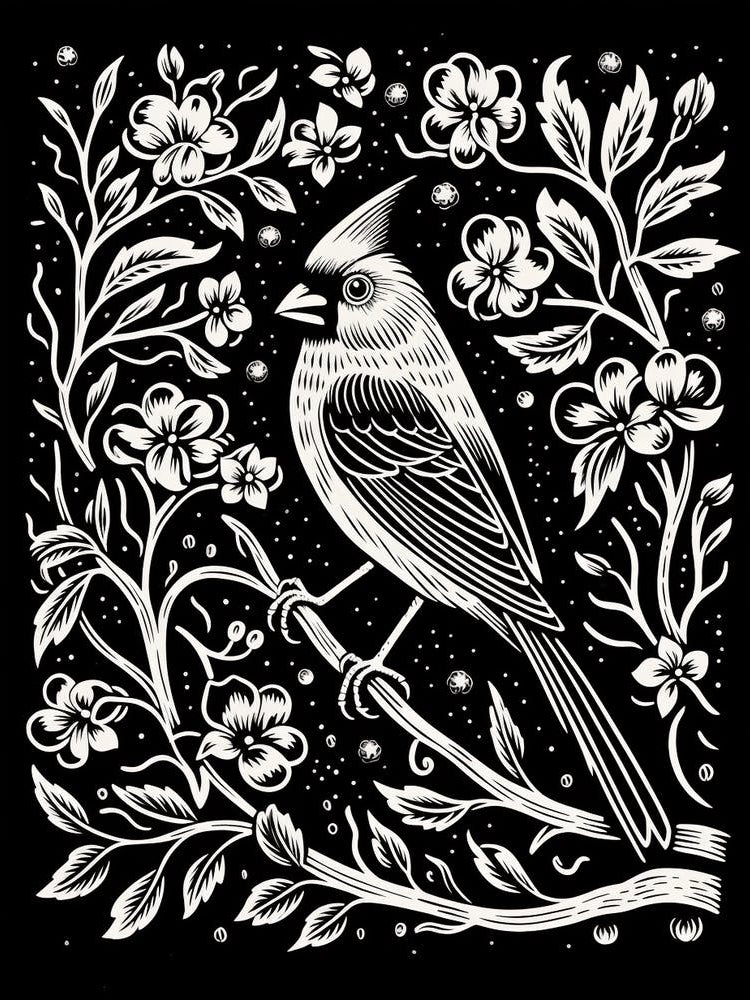 B&W Bird Linocut Northern Cardinal