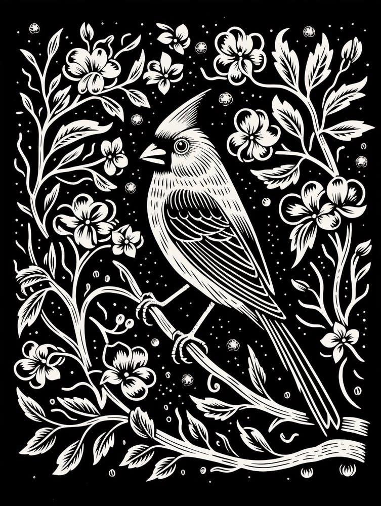 B&W Bird Linocut Northern Cardinal