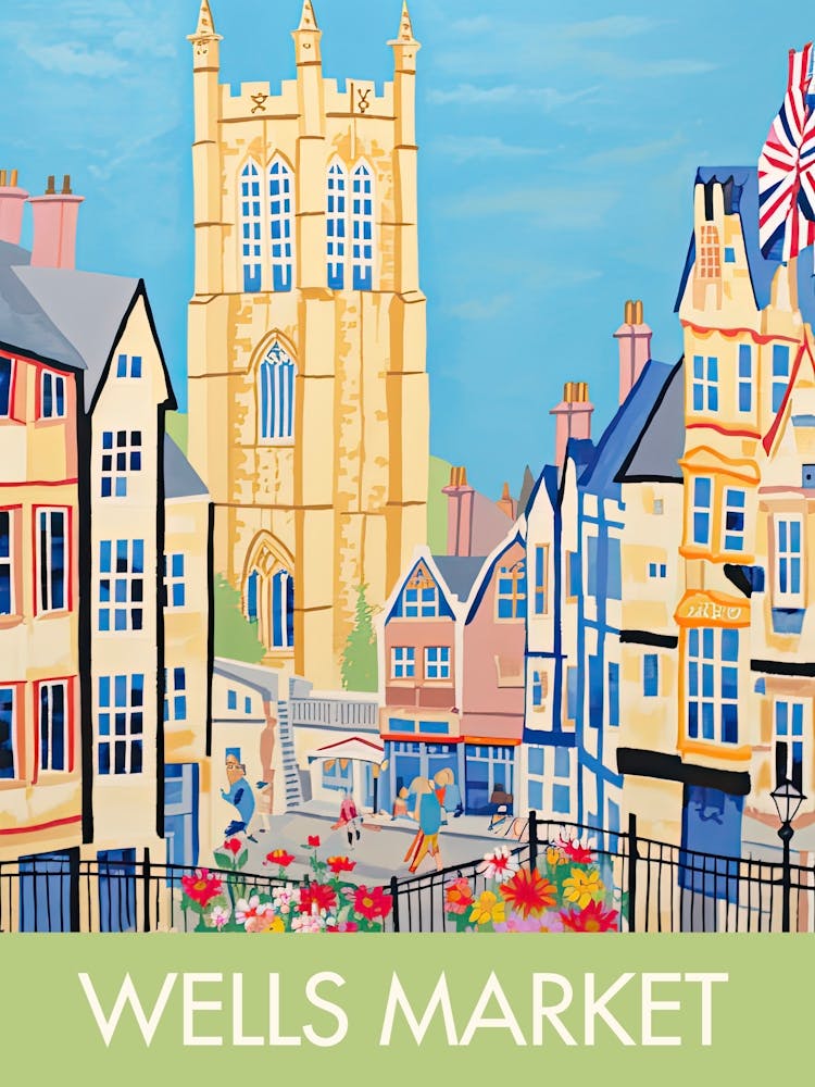 Wells Market Square England Green Travel Print Painting Cute