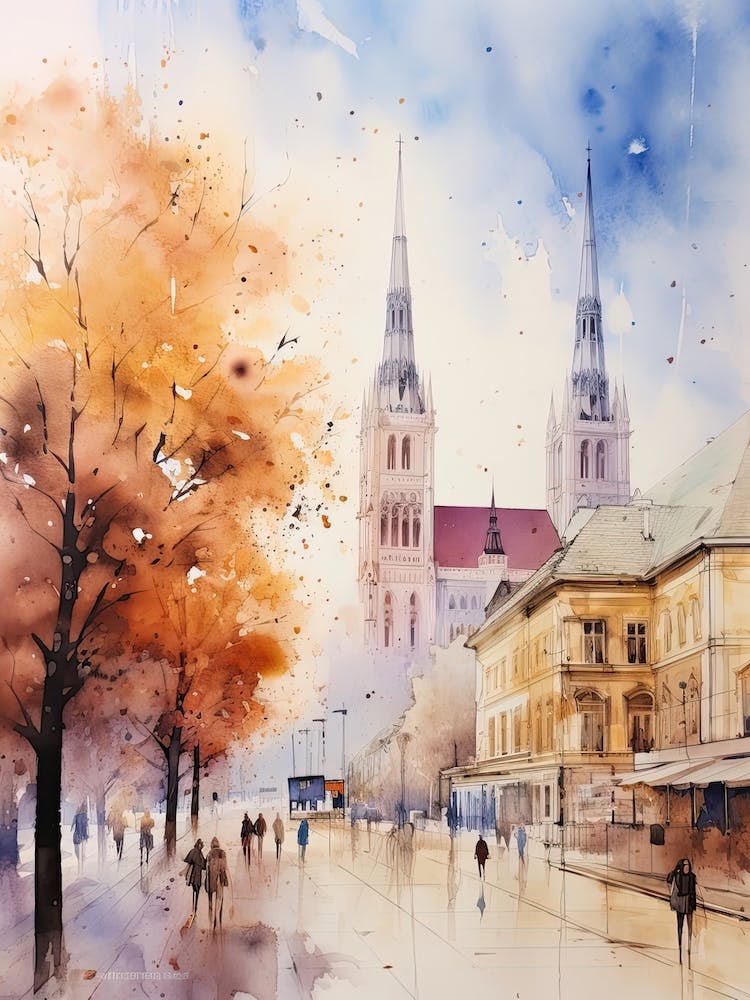 Zagreb Croatia In Autumn Fall, Watercolour 4