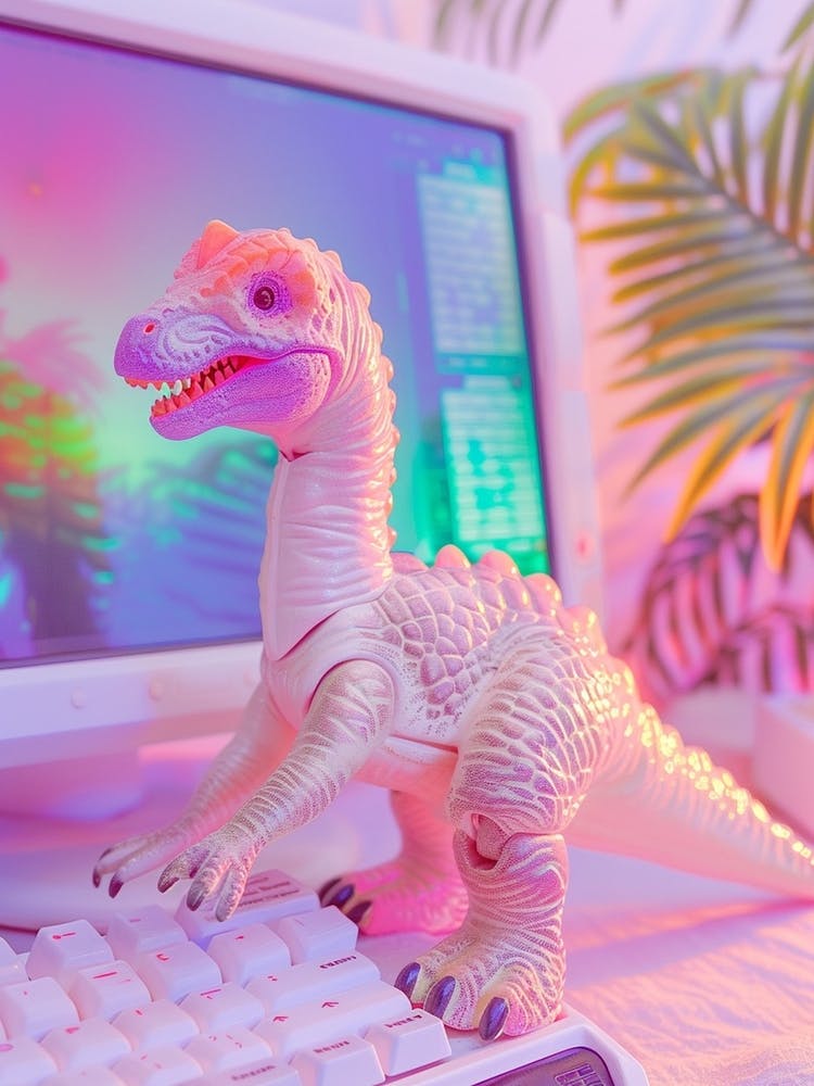 Pastel Toy Dinosaur On The Computer 2