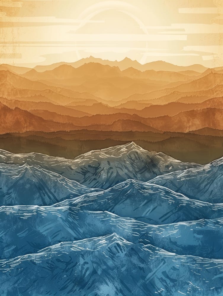 Watercolor Seascape With Mountains