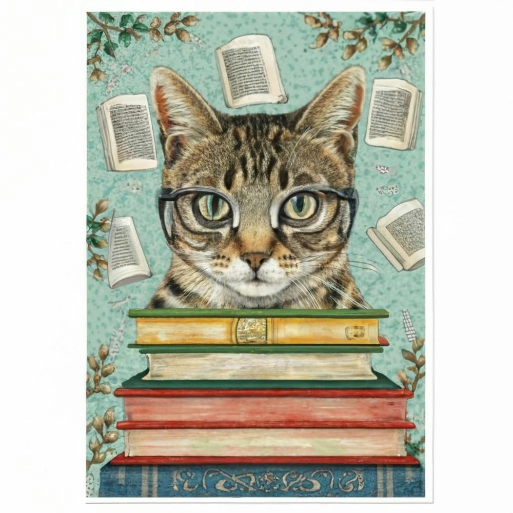 An art print featuring a detailed and whimsical portrait of a cat wearing glasses, surrounded by books and literary elements, capturing the charm of a feline book lover. This playful and delightful art print is ideal for cat enthusiasts and book lovers, adding a touch of whimsy and coziness to home decor.